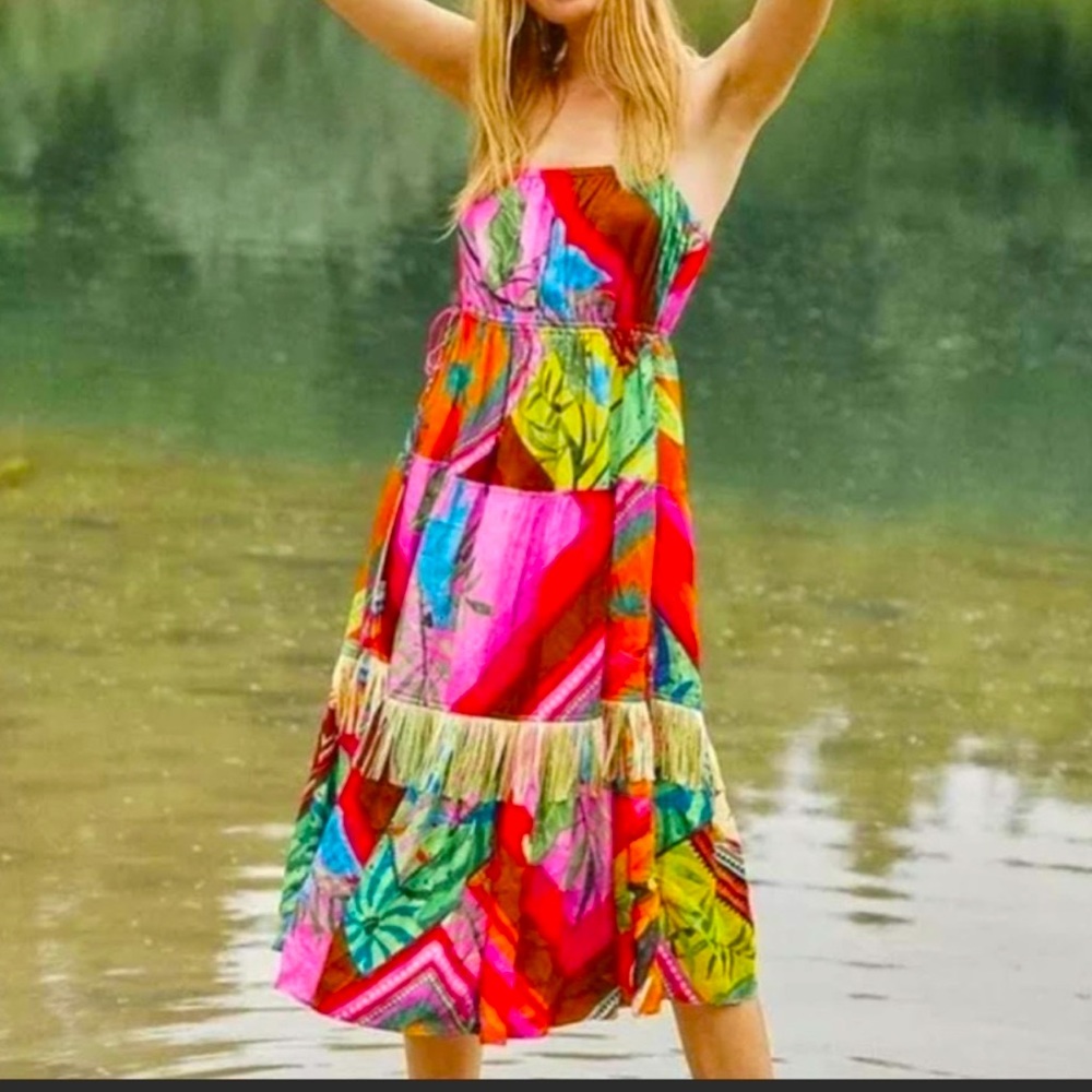 FARM Rio Palila Fringe Tropical Print Midi Dress Multicolor NWT